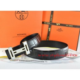 Hermes Black/Black Crocodile Stripe Leather Reversible Belt 18K White Gold With Logo H Buckle