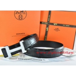 Hermes Black/Black Crocodile Stripe Leather Reversible Belt 18K White Silver Narrow H Buckle