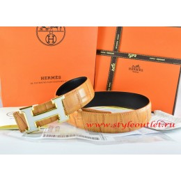 Hermes Orange/Black Crocodile Stripe Leather Reversible Belt 18K White Gold H Buckle