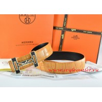 Hermes Orange/Black Crocodile Stripe Leather Reversible Belt 18K Black Gold With Logo H Buckle