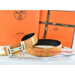 Hermes Orange/Black Crocodile Stripe Leather Reversible Belt 18K White Gold With Logo H Buckle