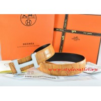 Hermes Orange/Black Crocodile Stripe Leather Reversible Belt 18K White Silver Narrow H Buckle