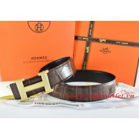 Hermes Brown/Black Crocodile Stripe Leather Reversible Belt 18K Gold Wave Stripe H Buckle