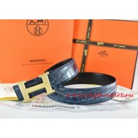 Hermes Blue/Black Crocodile Stripe Leather Reversible Belt 18K Gold Wave Stripe H Buckle