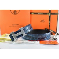 Hermes Blue/Black Crocodile Stripe Leather Reversible Belt 18K Silver Wave Stripe H Buckle