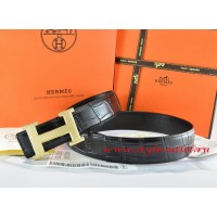 Hermes Black/Black Crocodile Stripe Leather Reversible Belt 18K Gold Wave Stripe H Buckle