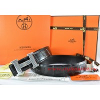 Hermes Black/Black Crocodile Stripe Leather Reversible Belt 18K Silver Wave Stripe H Buckle