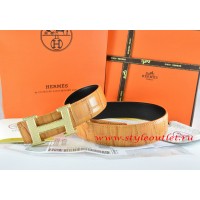 Hermes Orange/Black Crocodile Stripe Leather Reversible Belt 18K Gold Wave Stripe H Buckle