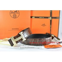 Hermes Brown/Black Crocodile Stripe Leather Reversible Belt 18K Gold Spot Stripe H Buckle