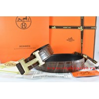 Hermes Brown/Black Crocodile Stripe Leather Reversible Belt 18K Gold Bamboo Strip Logo H Buckle