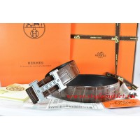 Hermes Brown/Black Crocodile Stripe Leather Reversible Belt 18K Silver Weave Stripe H Buckle