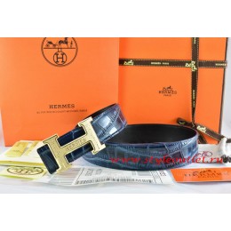 Hermes Blue/Black Crocodile Stripe Leather Reversible Belt 18K Gold Bamboo Strip Logo H Buckle