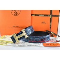 Hermes Blue/Black Crocodile Stripe Leather Reversible Belt 18K Gold Geometric Stripe H Buckle