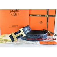Hermes Blue/Black Crocodile Stripe Leather Reversible Belt 18K Gold Weave Stripe H Buckle