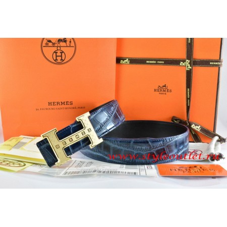 Hermes Blue/Black Crocodile Stripe Leather Reversible Belt 18K Gold Weave Stripe H Buckle