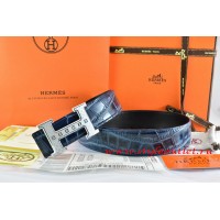 Hermes Blue/Black Crocodile Stripe Leather Reversible Belt 18K Silver Weave Stripe H Buckle