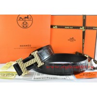 Hermes Black/Black Crocodile Stripe Leather Reversible Belt 18K Gold Spot Stripe H Buckle