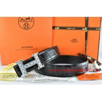 Hermes Black/Black Crocodile Stripe Leather Reversible Belt 18K Silver Spot Stripe H Buckle