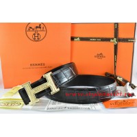 Hermes Black/Black Crocodile Stripe Leather Reversible Belt 18K Gold Bamboo Strip Logo H Buckle