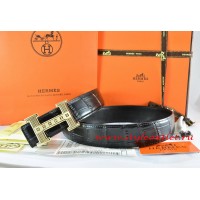 Hermes Black/Black Crocodile Stripe Leather Reversible Belt 18K Gold Stripe Logo H Buckle