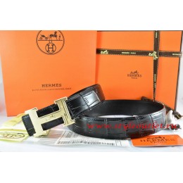 Hermes Black/Black Crocodile Stripe Leather Reversible Belt 18K Gold Geometric Stripe H Buckle