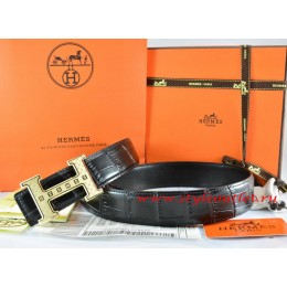 Hermes Black/Black Crocodile Stripe Leather Reversible Belt 18K Gold Weave Stripe H Buckle