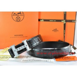 Hermes Black/Black Crocodile Stripe Leather Reversible Belt 18K Silver Weave Stripe H Buckle