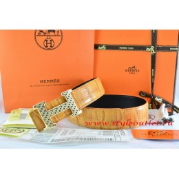 Hermes Orange/Black Crocodile Stripe Leather Reversible Belt 18K Gold Spot Stripe H Buckle