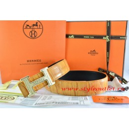 Hermes Orange/Black Crocodile Stripe Leather Reversible Belt 18K Gold Bamboo Strip Logo H Buckle