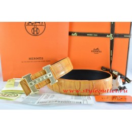 Hermes Orange/Black Crocodile Stripe Leather Reversible Belt 18K Gold Stripe Logo H Buckle