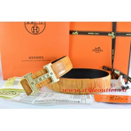 Hermes Orange/Black Crocodile Stripe Leather Reversible Belt 18K Gold Weave Stripe H Buckle