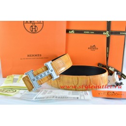 Hermes Orange/Black Crocodile Stripe Leather Reversible Belt 18K Silver Weave Stripe H Buckle