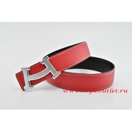 Hermes Fashion H Leather Reversible Red/Black Belt 18k Silver Buckle