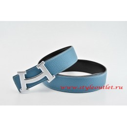 Hermes Fashion H Leather Reversible Blue/Black Belt 18k Silver Buckle