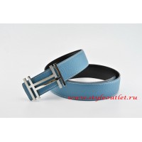 Hermes H au Carré Leather Reversible Blue/Black Belt 18k Silver Buckle