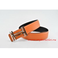 Hermes H au Carré Leather Reversible Orange/Black Belt 18k Silver Buckle