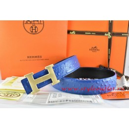 Hermes Blue/Black/Black Ostrich Stripe Leather Reversible Belt 18K Drawbench Gold H Buckle