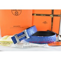 Hermes Blue/Black Ostrich Stripe Leather Reversible Belt 18K Drawbench Silver H Buckle