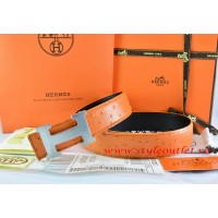 Hermes Orange/Black Ostrich Stripe Leather Reversible Belt 18K Silver H Buckle