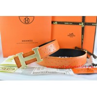 Hermes Orange/Black Ostrich Stripe Leather Reversible Belt 18K Drawbench Gold H Buckle