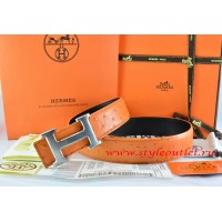 Hermes Orange/Black Ostrich Stripe Leather Reversible Belt 18K Drawbench Silver H Buckle