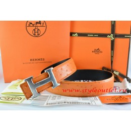 Hermes Orange/Black Ostrich Stripe Leather Reversible Belt 18K Drawbench Silver H Buckle