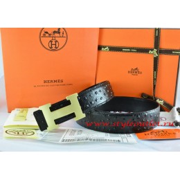 Hermes Black/Black Ostrich Stripe Leather Reversible Belt 18K Gold H Buckle