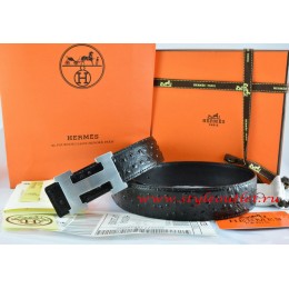 Hermes Black/Black Ostrich Stripe Leather Reversible Belt 18K Silver H Buckle