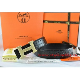 Hermes Black/Black Ostrich Stripe Leather Reversible Belt 18K Drawbench Gold H Buckle