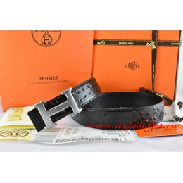Hermes Black/Black Ostrich Stripe Leather Reversible Belt 18K Drawbench Silver H Buckle