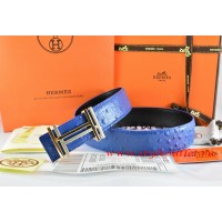 Hermes Blue/Black Ostrich Stripe Leather Reversible Belt 18K Gold H au Carre Buckle