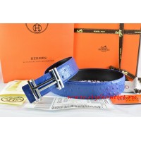 Hermes Blue/Black Ostrich Stripe Leather Reversible Belt 18K Silver H au Carre Buckle