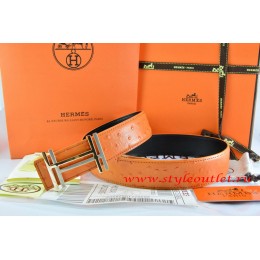 Hermes Orange/Black Ostrich Stripe Leather Reversible Belt 18K Gold H au Carre Buckle