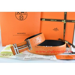 Hermes Orange/Black Ostrich Stripe Leather Reversible Belt 18K Silver H au Carre Buckle